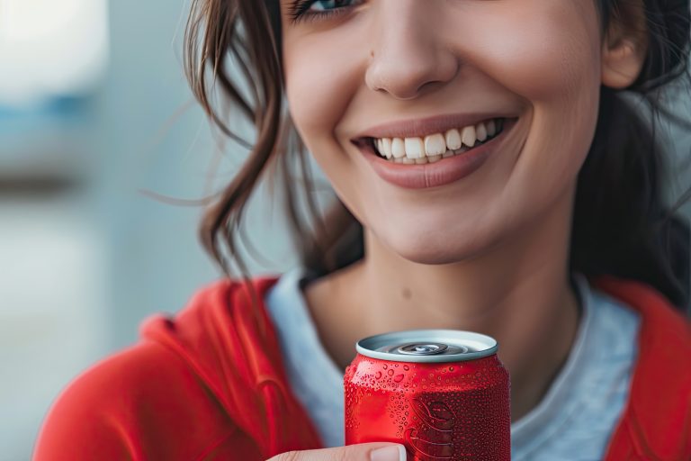 front view smiling woman with soda can 1 1